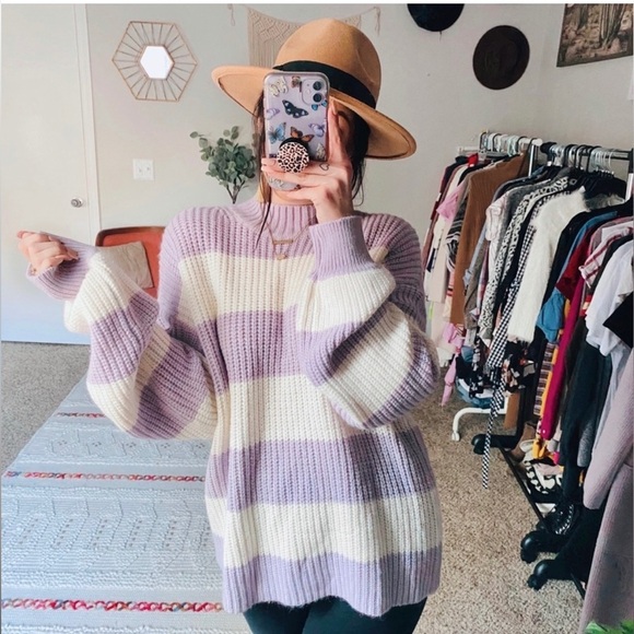 Sanctuary Lilac & White Stripe Mock Neck Sweater - Picture 4 of 10